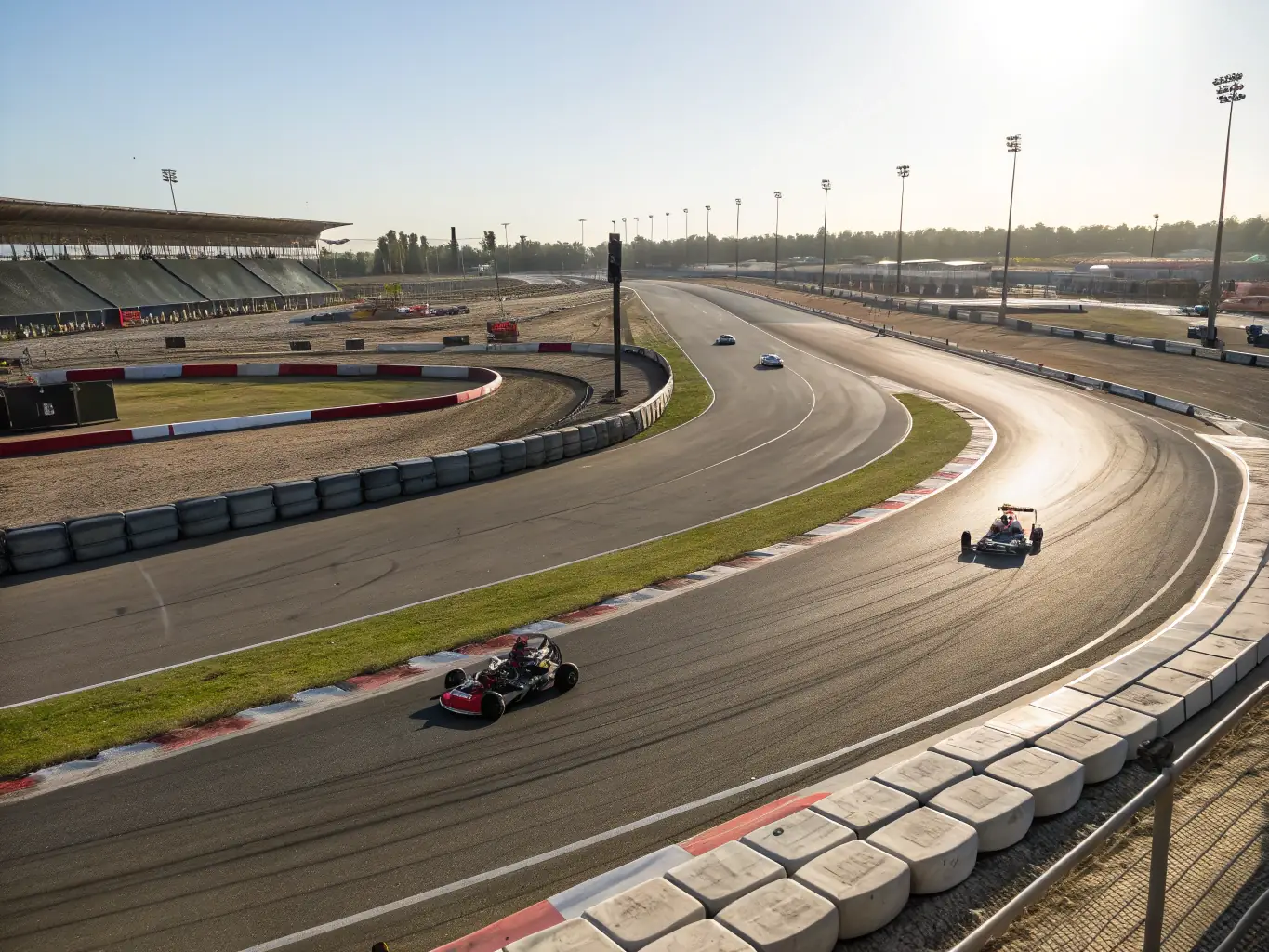 A vibrant image of a well-equipped karting track with safety barriers and professional staff ensuring a secure environment for participants of all ages.