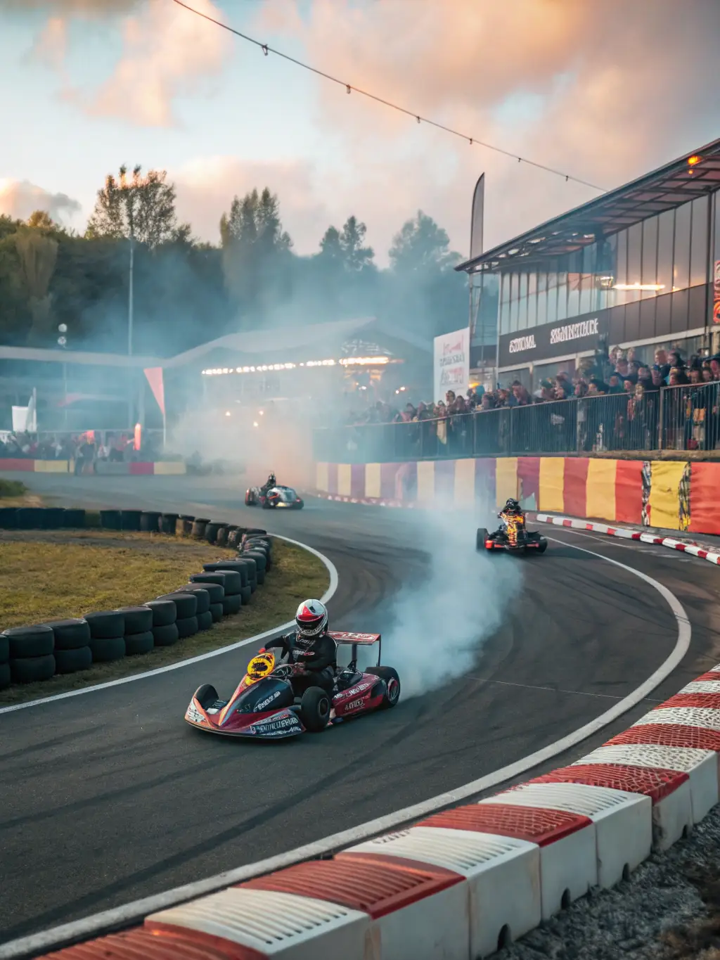 A vibrant image of a kart race, showcasing multiple karts speeding around a track with blurred motion to emphasize speed and excitement, under bright sunlight.