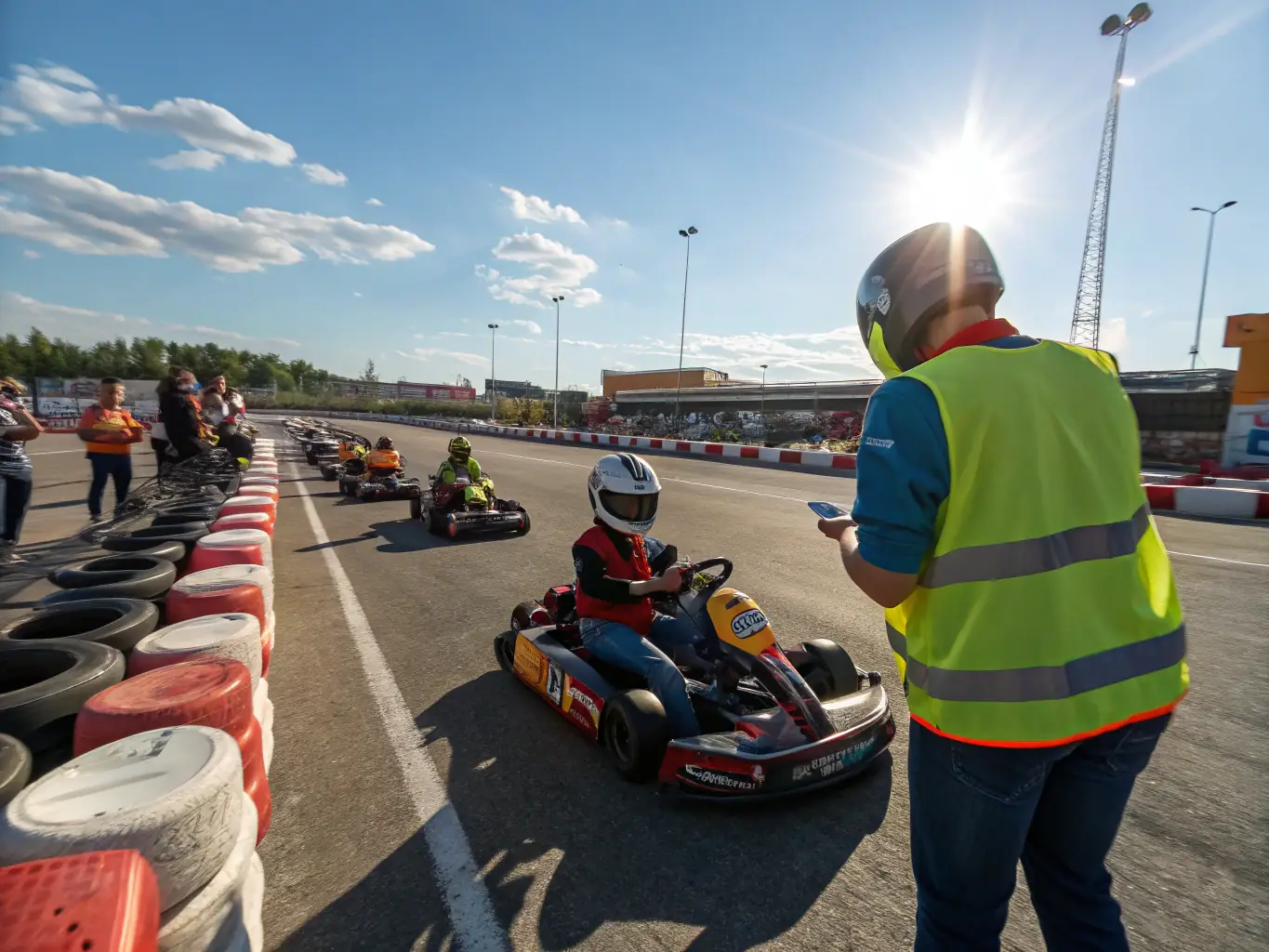 A dynamic shot of a diverse group of participants, both young and adult, engaged in a karting workshop, with instructors demonstrating techniques and participants actively practicing under safe supervision.
