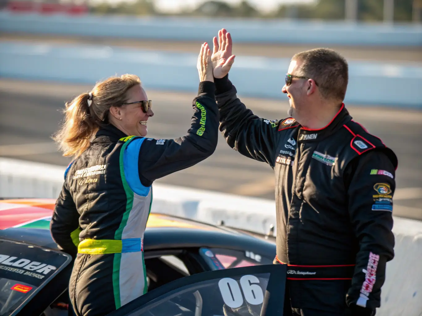 A heartwarming photo of team members celebrating a successful race, showcasing the spirit of teamwork and community engagement fostered by ASSOCIATION TEAM RACING AURILLACOIS.