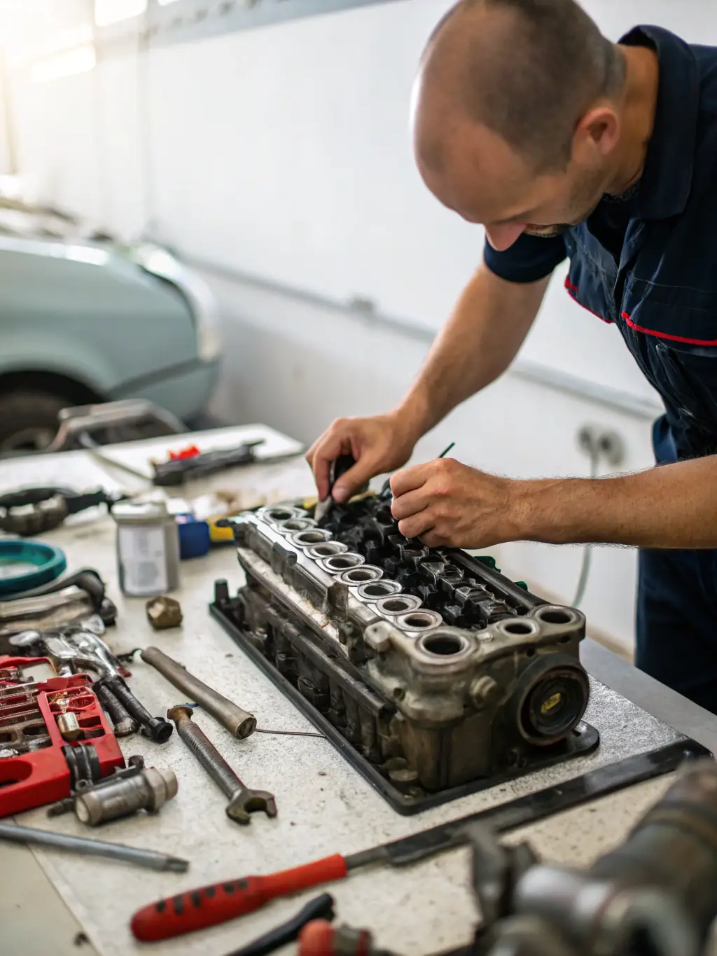 A focused image of a participant in a karting workshop, receiving instruction from a professional, with various tools and equipment visible in the background.