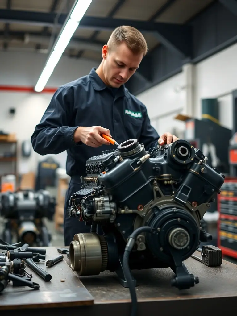 A mechanic working on a kart engine, with various tools and equipment visible, highlighting the technical aspects of motorsports at ASSOCIATION TEAM RACING AURILLACOIS.