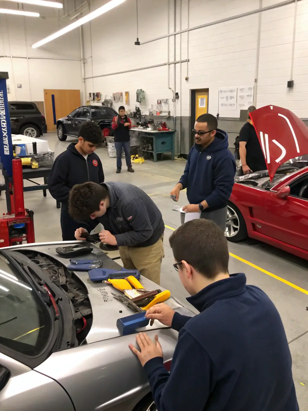 A group of young participants learning about kart maintenance and mechanics in a workshop setting, with tools and kart components visible on the tables.
