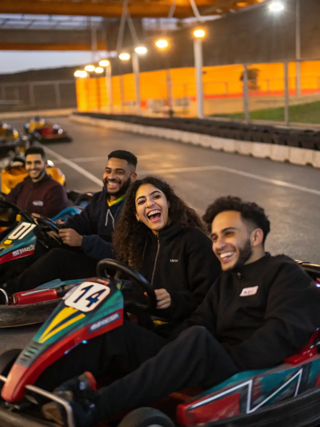 A group photo of ASSOCIATION TEAM RACING AURILLACOIS members, smiling and standing next to their karts or motorized vehicles, showcasing teamwork and camaraderie.