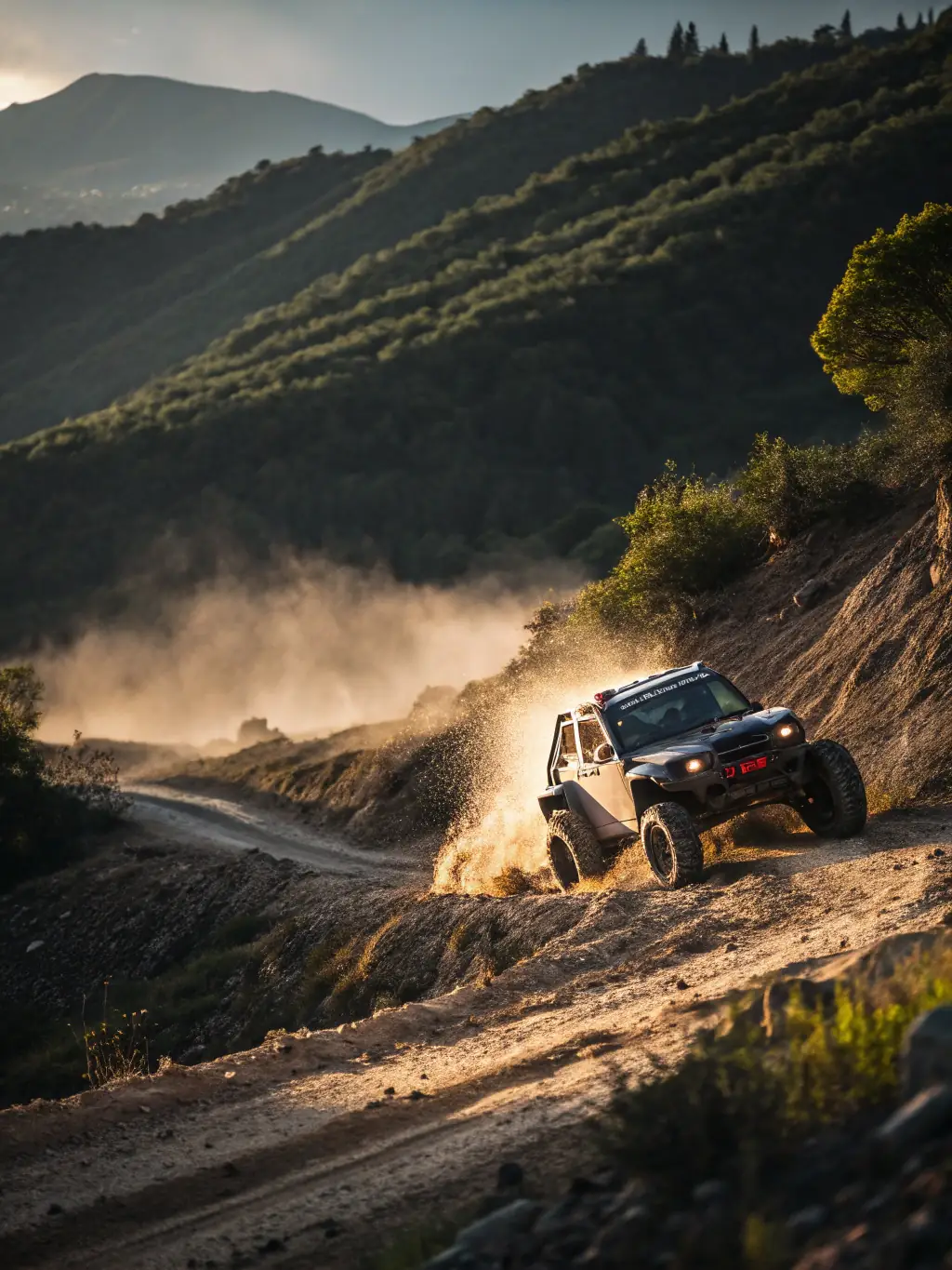 A dynamic shot of a motorized vehicle, possibly a modified car or buggy, navigating a challenging off-road course with dust and dirt flying, under a cloudy sky.