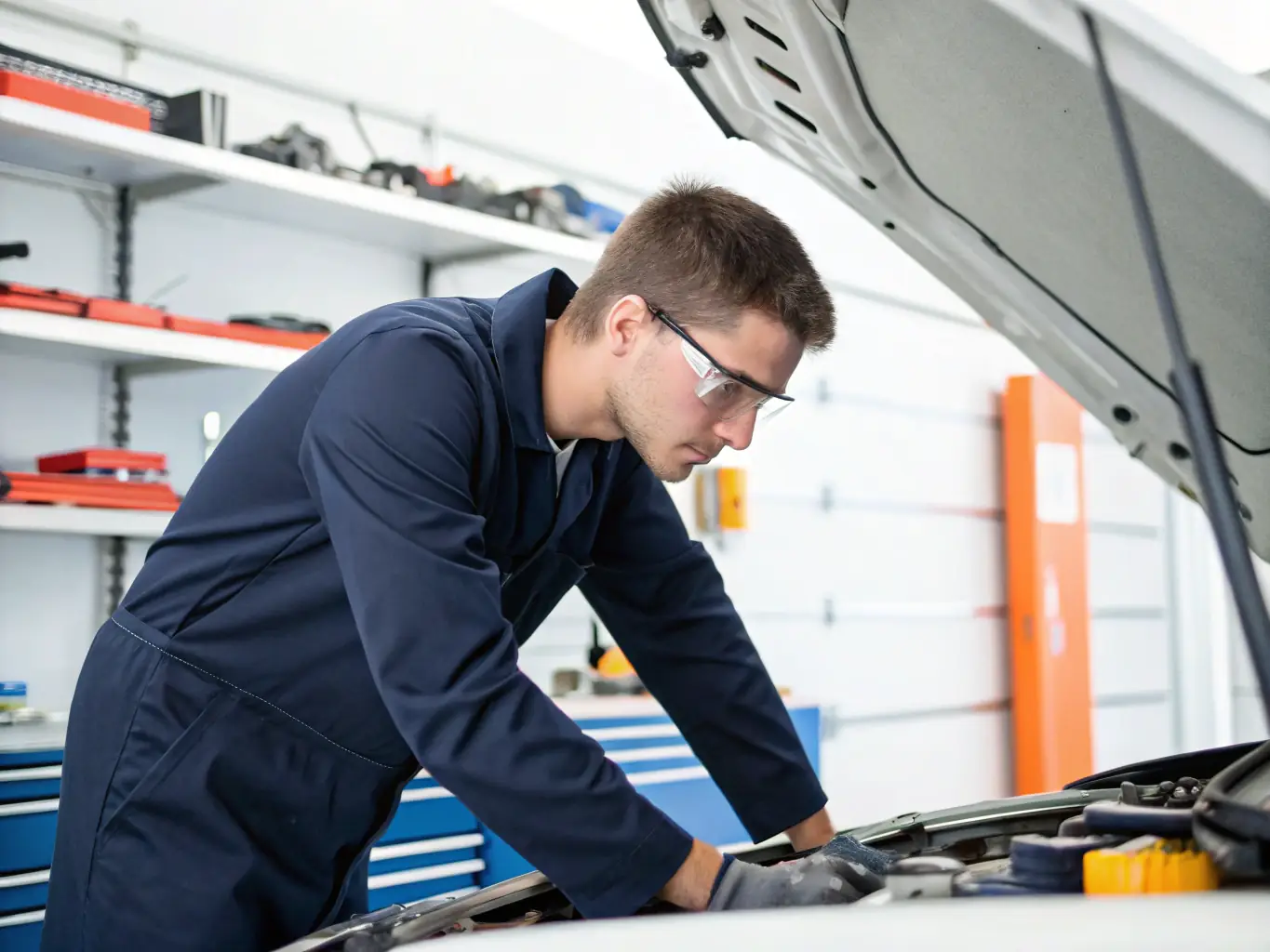 An image depicting participants in a motorized vehicle workshop, learning about vehicle maintenance and mechanics. The setting is a well-equipped garage with tools and equipment.